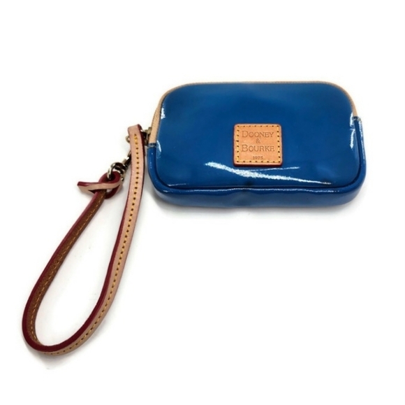 Dooney & Bourke Handbags - Dooney and Bourke Blue Patent Leather Tan Leather Strap Zip-Top Small Wristlet
